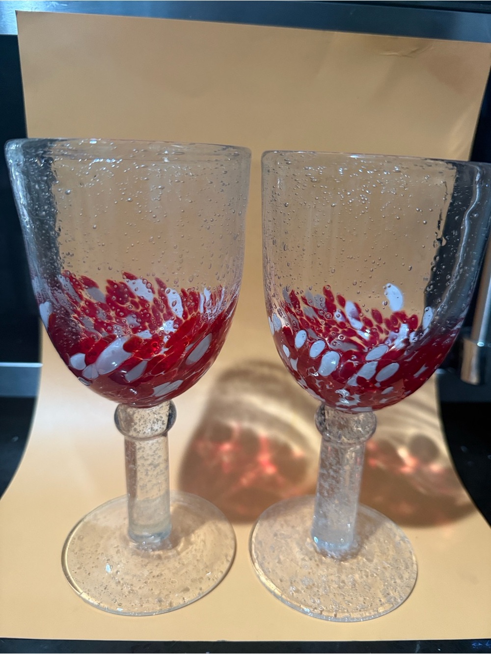Handblown Red & White Speckled Wine Glasses -